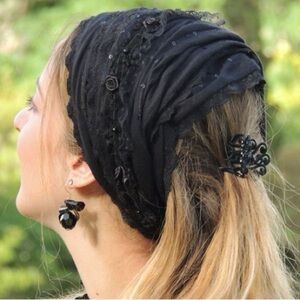 Lovely Royal Black Laces Handmade Mitpachat Head Covering-Scarf-Tichel Headband